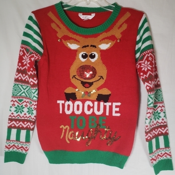 No Boundaries "Too Cute to be Naughty" Red Reindeer Christmas Sweater Sz S - Picture 1 of 6